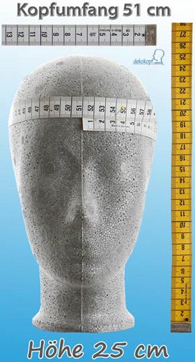 Dekokopf grau Modell Mina mit den Angaben zur Kopfhöhe und Kopfumfang
